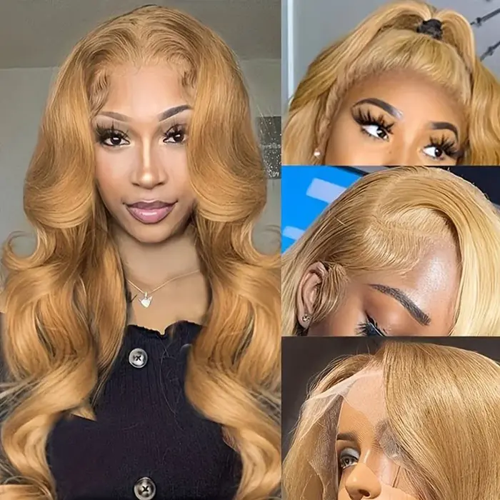 Perruque Lace Front Wig Body Wave Naturelle, Cheveux Humains, Couleur Blond Miel #27, 13x4, HD, pour