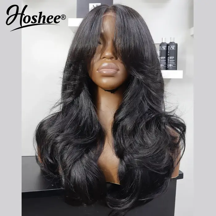 Perruque Lace Front 4x4 sans colle, prédécoupée, avec frange rideau, prête à porter, en cheveux natu