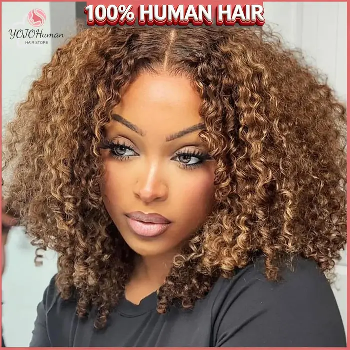 Perruque courte bouclée bob avec mèches blond miel 4/27, 100% cheveux humains, perruque frontale en