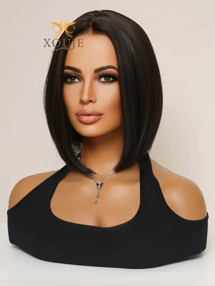 Perruque Synthétique Courte en Fibre Chimique pour Femme, Cheveux Bruns Noirs, Style Bob, Doux et Mi