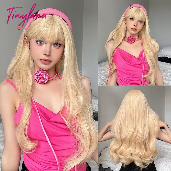 Perruques synthétiques ondulées blondes longues avec frange, perruques de Cosplay Lolita blondes Hal