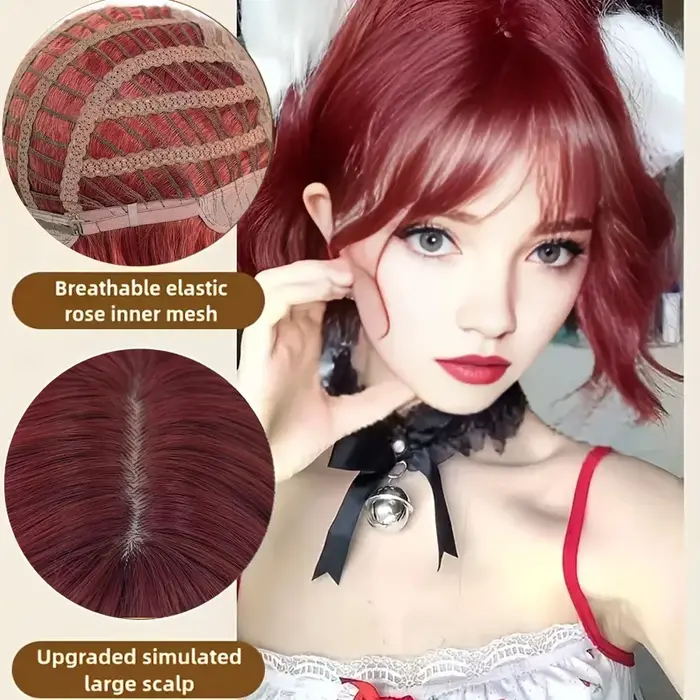 Perruque synthétique courte bouclée rouge framboise