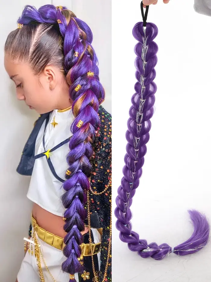 32 pouces tressé violet cheveux queue de cheval avec guirlandes perruque Super Extensions brillant