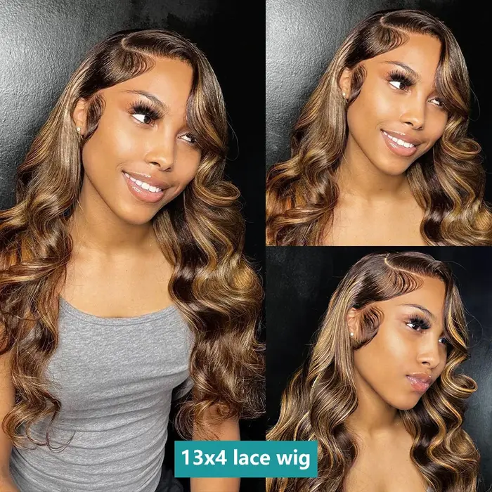 Perruque Lace Front Wig Body Wave Naturelle Remy Sans Colle, Cheveux Humains, Balayage Blond Brun Om