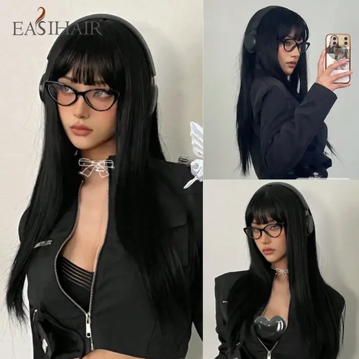 EASIHAIR – perruques synthétiques longues et lisses avec frange, perruques noires de fête Cosplay Lo