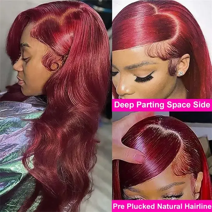 Perruque Lace Front Wig Body Wave Brésilienne Naturelle, Cheveux Humains, Bordeaux 99J, 13x6 HD, 13x