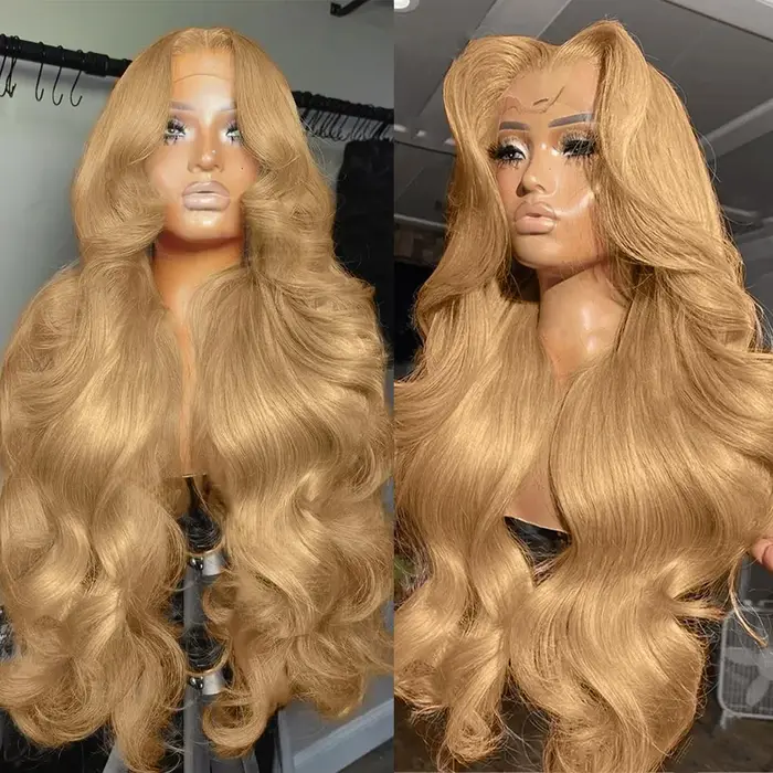 Perruque frontale en dentelle blonde miel 13x6 Body Wave brésilienne # 27 perruques de cheveux humains colorées blondes