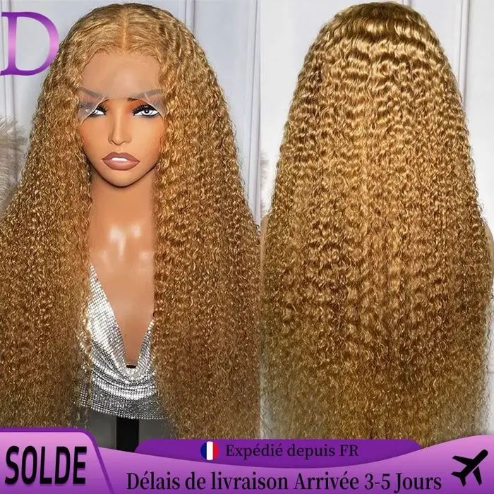 Dialola Perruque Cheveux Humains Bouclés Deep Wave Blonde Miel Couleur 27 Dentelle Frontale 13x4 13x
