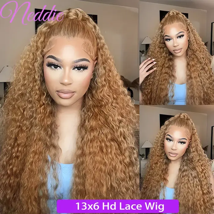 27 #   Perruque Lace Frontal Wig naturelle bouclée, cheveux blond miel, 13x4, Deep Wave, 30 34 pouce