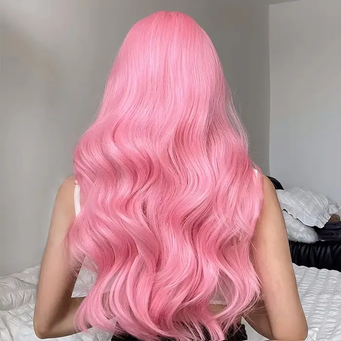 Perruque synthétique rose avec grandes vagues pour fête d'Halloween