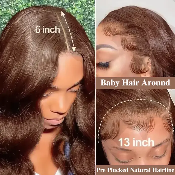 Vague de corps brun chocolat 13x6 HD dentelle avant perruques de cheveux humains 200 densité HD dent