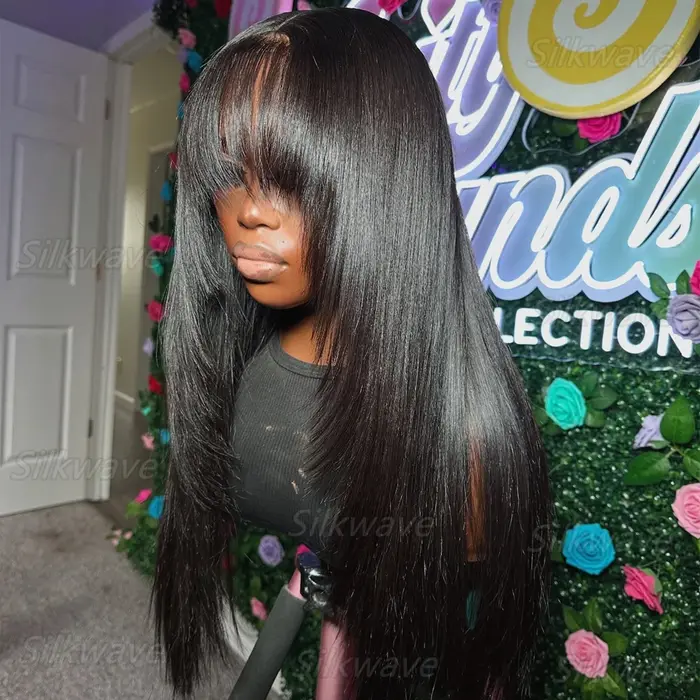 Perruque Lace Wig naturelle lisse avec frange, cheveux humains, partie centrale 3x1, bon marché, ent