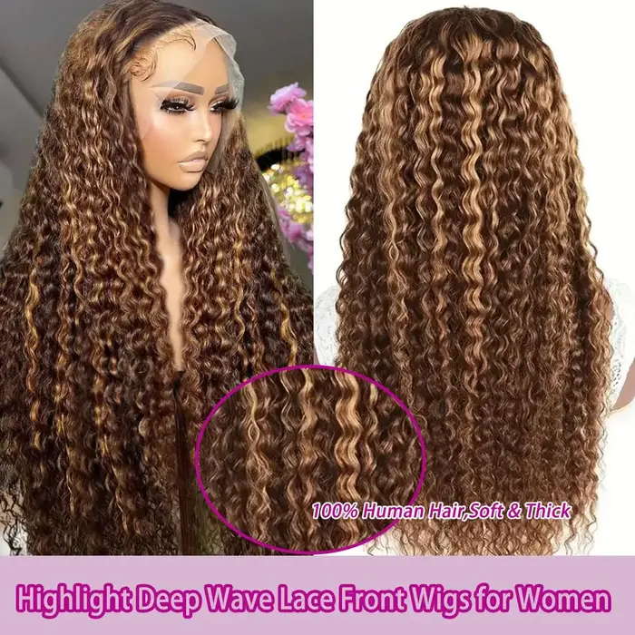 P4/27 mettre en évidence perruque cheveux humains 250% 300% 13X6 vague profonde bouclés miel blond dentelle frontale