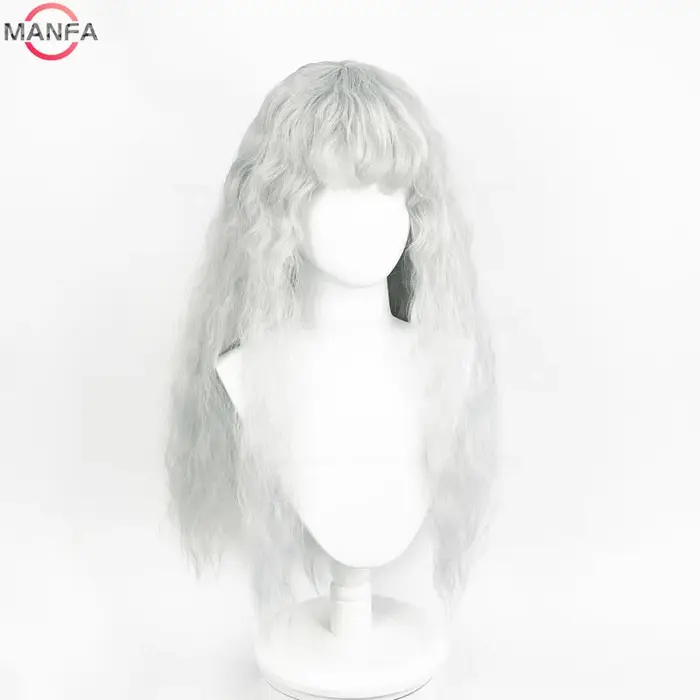 Griffith Cosplay perruque gris clair bouclés ondulés longs résistant à la chaleur perruques de cheveux synthétiques +