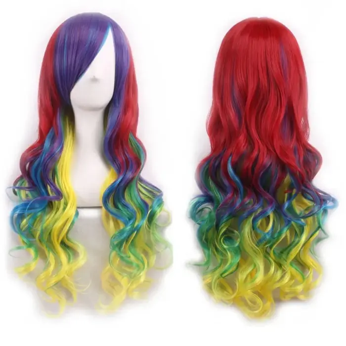 Soowee cheveux synthétiques Ombre arc-en-ciel Cosplay perruque avec frange rouge jaune violet vert bleu perruques pour les femmes noires
