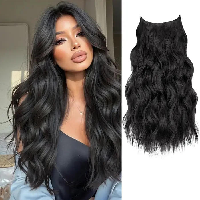 Extensions de cheveux synthétiques ondulées longues noires de 20 pouces avec fil invisible
