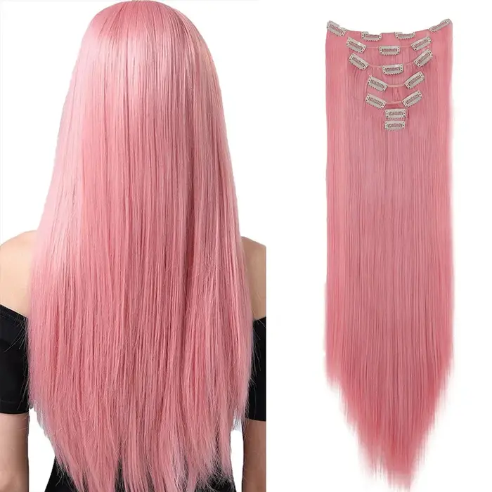 7 Clips dans les Extensions de cheveux longue coiffure droite rose 60CM