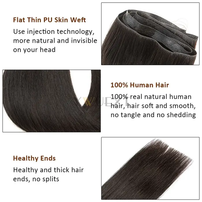 Faisceaux de cheveux de trame de peau en PU injectés, ruban long invisible, vrais cheveux naturels, 