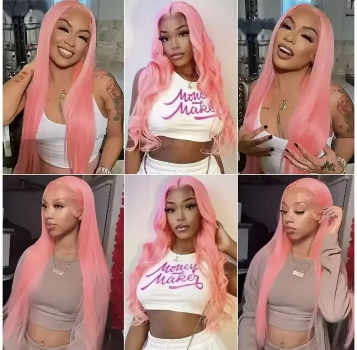 Perruque Lace Frontal Wig synthétique lisse et soyeuse de couleur rose