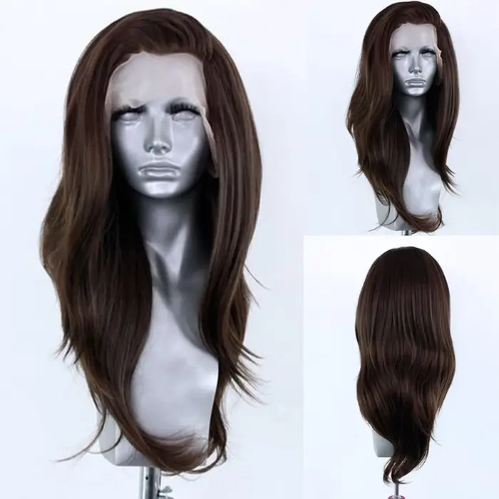 AIMEYA-Perruque Lace Front Wig Synthétique Brun Foncé, Postiche Ondulé Naturel, Sans Raie, pour Cosp