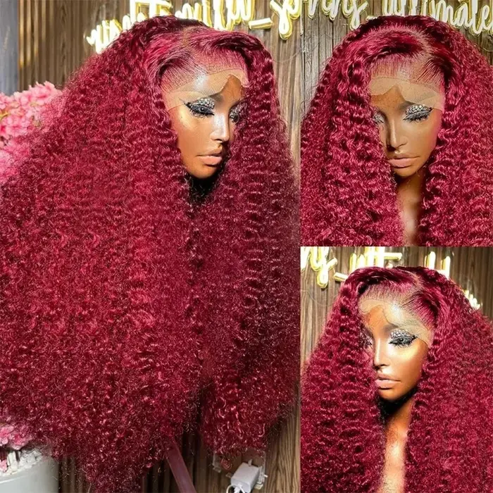 Perruque Lace Front Wig Naturelle Bouclée Rouge Bordeaux 99J