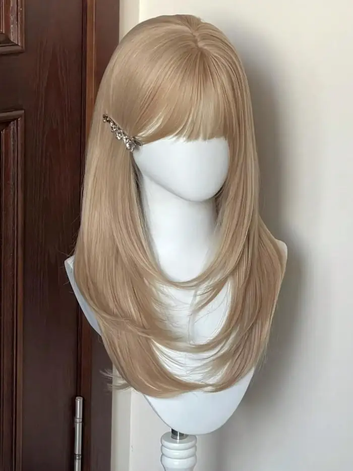 Perruque synthétique blonde droite de 20 pouces avec frange
