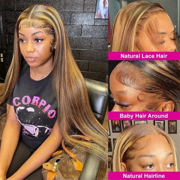 Perruque Lace Frontal Wig brésilienne naturelle, cheveux lisses, à reflets P4/27, 13x6 Hd, 30 36 pou