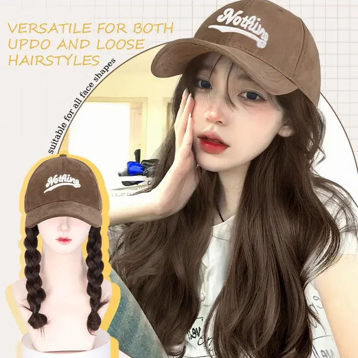 Perruque synthétique ondulée avec casquette de baseball marron et longs cheveux ondulés