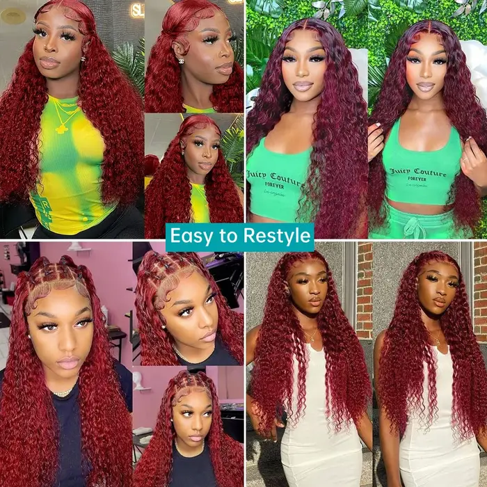 Perruque Lace Frontal Wig naturelle bordeaux 99j, 13x6, Deep Wave, pre-plucked, transparente HD, pou