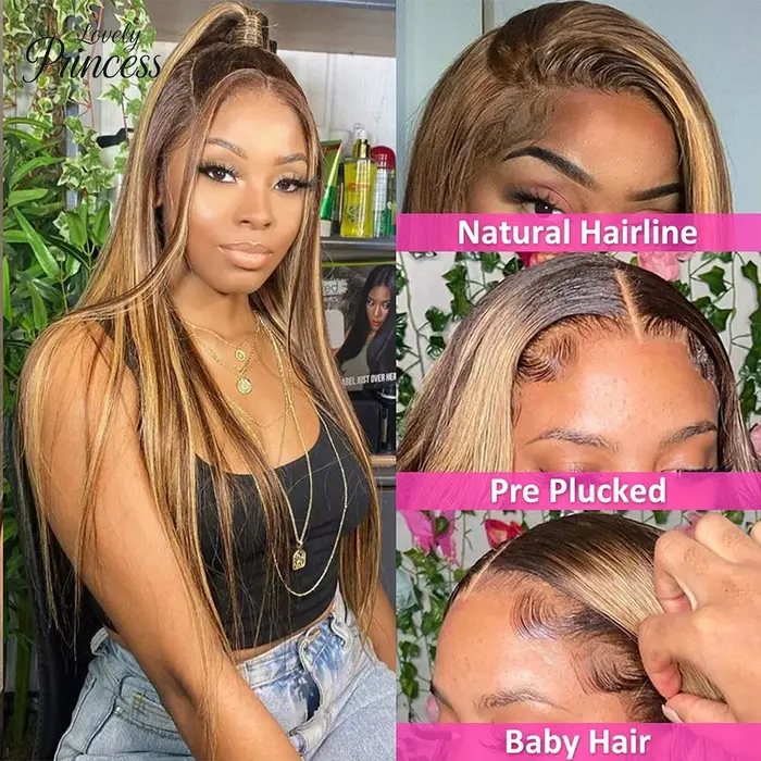Perruque en cheveux humains lisses avec dentelle frontale 13x4, 30-40 pouces, mèches 4/27, densité 2