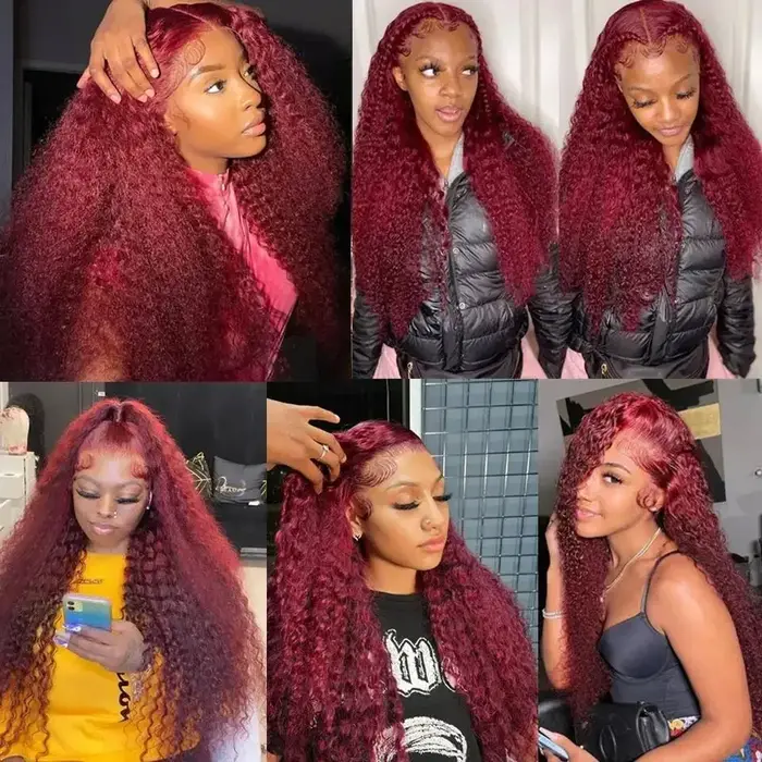 Perruque Lace Wig Naturelle Ondulée, Cheveux Humains, Couleur Bordeaux 99J, 13x4, 13x6, Pre-Plucked,