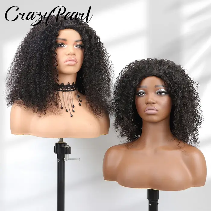 CrazyPearl Demi-perruque 3 en 1 en cheveux humains, densité 200%, bouclée crépue, sans couture, à po