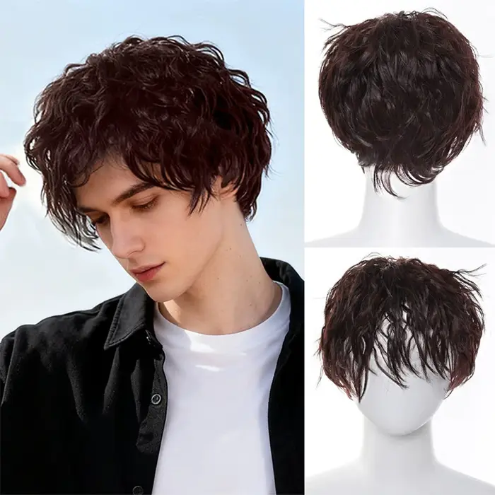  Perruque synthétique frisée crépue pour homme, en fibre haute température, densité 150 %, avec b