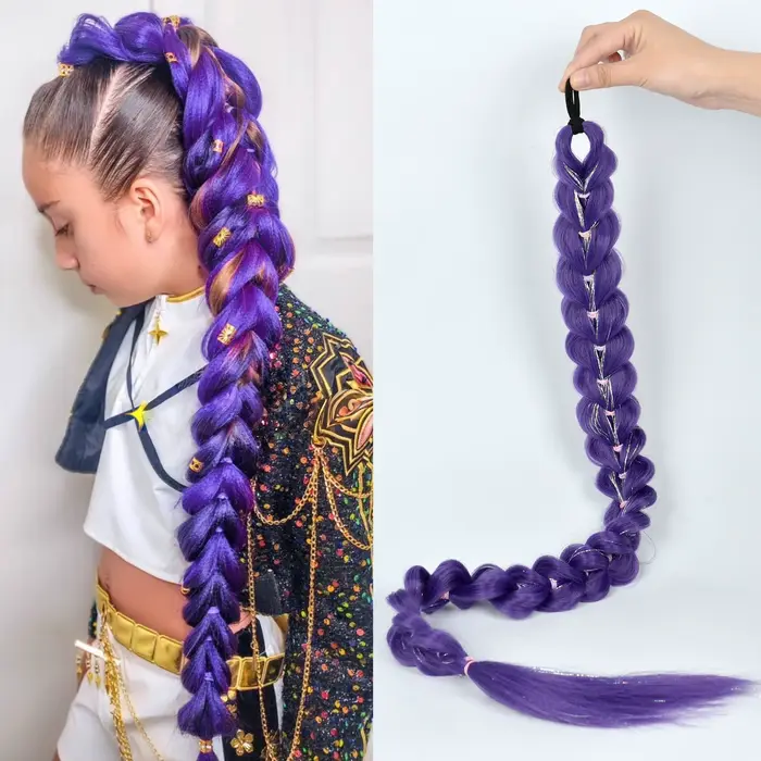 Perruque tressée violette synthétique extra longue de 32 po | Métallique chatoyant | Postiche de costume de Noël pour