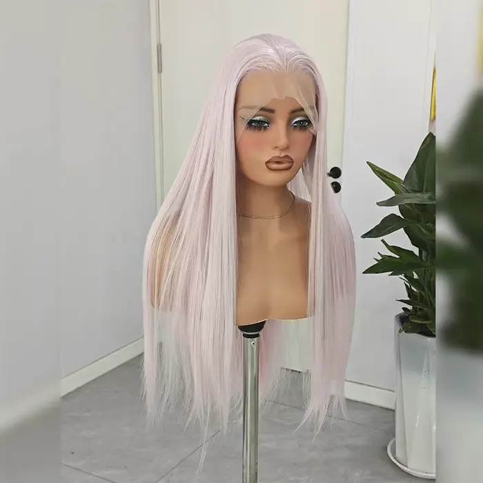 Perruque synthétique droite gris rose pour femme