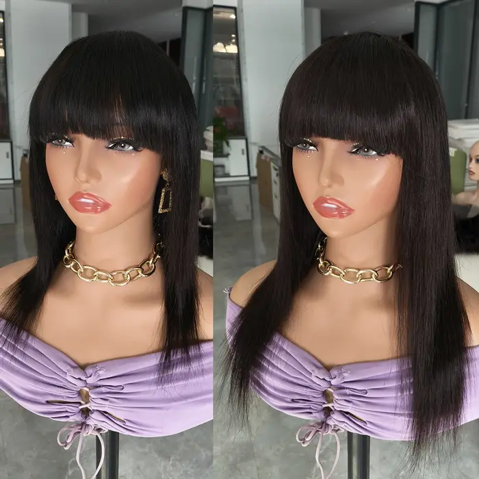 100% perruques de cheveux humains perruque courte avec Bang couleur noire naturelle droite faite à l