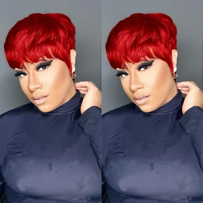 Perruque de cheveux humains courts de couleur rouge avec frange
