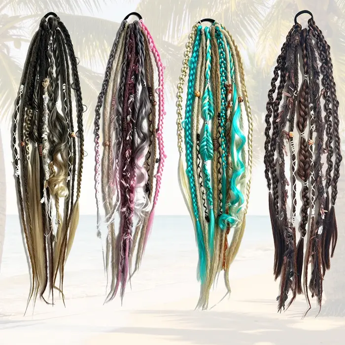 Queue de cheval ombrée synthétique tressée style bohème hippie avec perles en bois et décorations à pompons pour femme