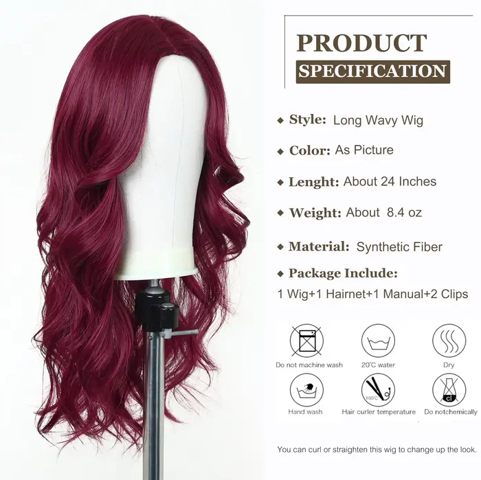 Perruque synthétique couleur vin rouge avec grandes boucles pour fête