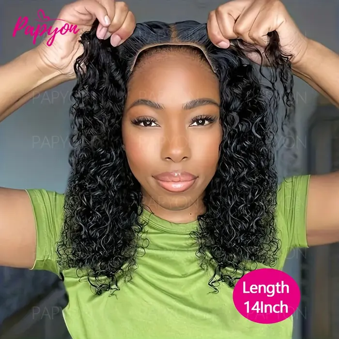 200% Density Perruque Bob Bouclé Water Wave Sans Colle Pour Femme de Fermeture en  Bouclée Dentelle 