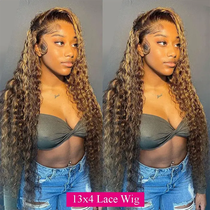 Perruque Lace Wig brésilienne bouclée ondulée, cheveux humains ombré HD, 13x6, à reflets, 13x4, pour