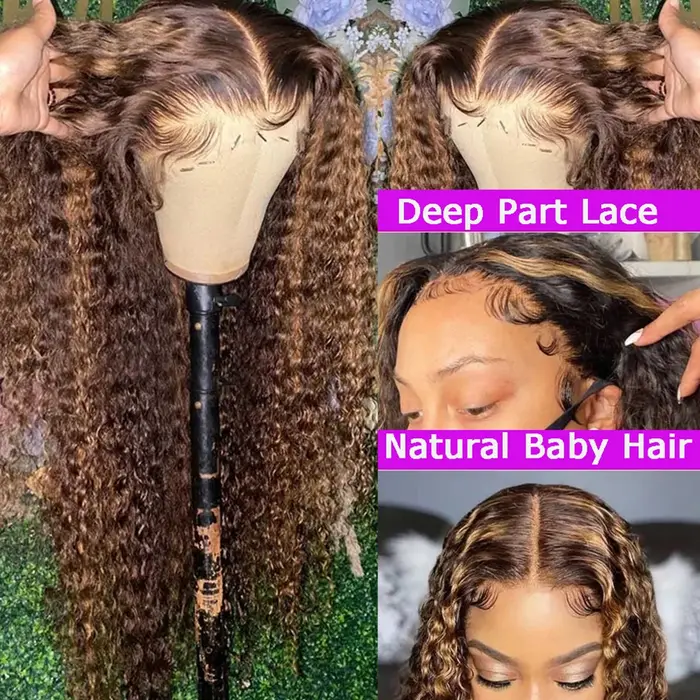 Perruque HD 13x4 avec mèches, cheveux humains bouclés profonds, ombré brun, perruque frontale en den