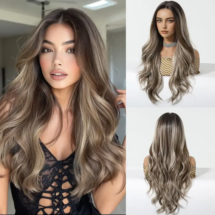 DWY – perruque Lace Front Wig synthétique à reflets bruns et blonds, longue et ondulée, 13x6, avec raie libre, naturelle, résistante à la chaleur, pour femmes