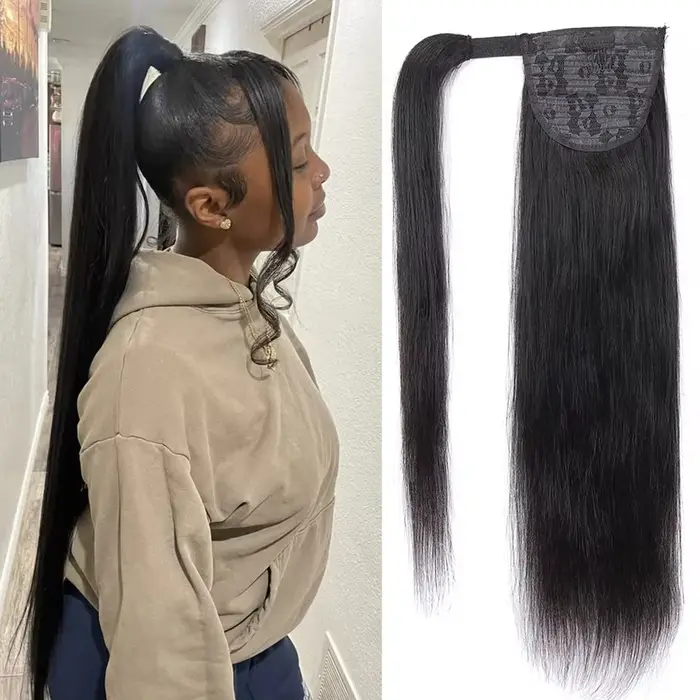 Extensions de cheveux brésiliennes pour femmes noires, queue de cheval à clipser, en cheveux humains lisses, à enrouler avec cordon de serrage