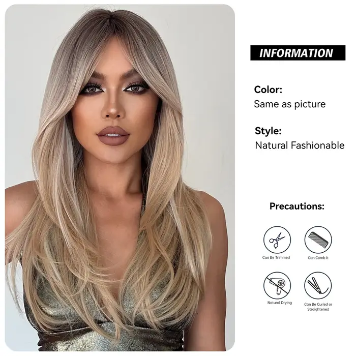 Perruque synthétique longue et lisse à reflets platine blond avec frange, cheveux naturels résistant