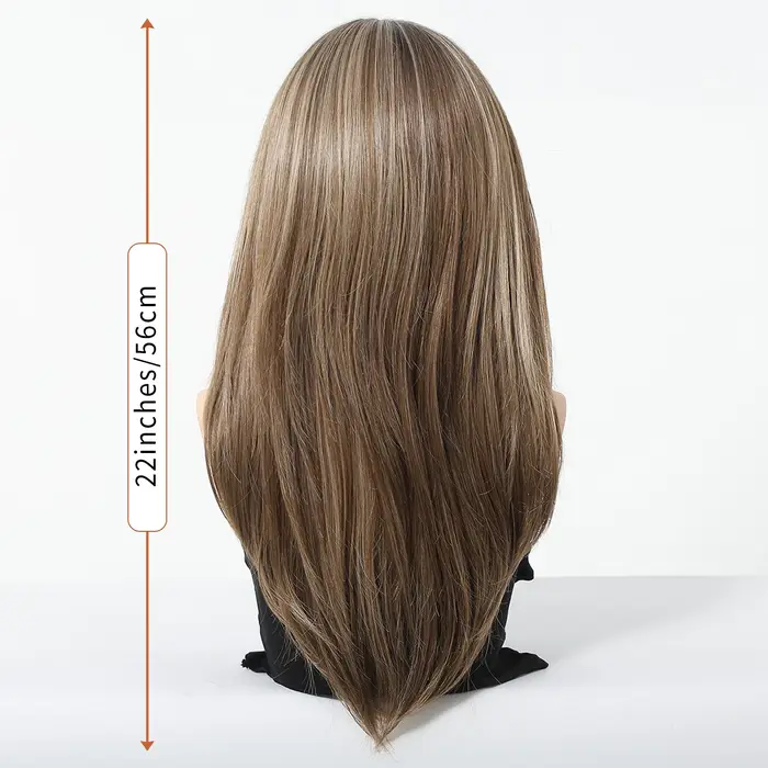 HAIRCUBE – perruque synthétique lisse mixte brune, racines foncées, naissance des cheveux naturelle,