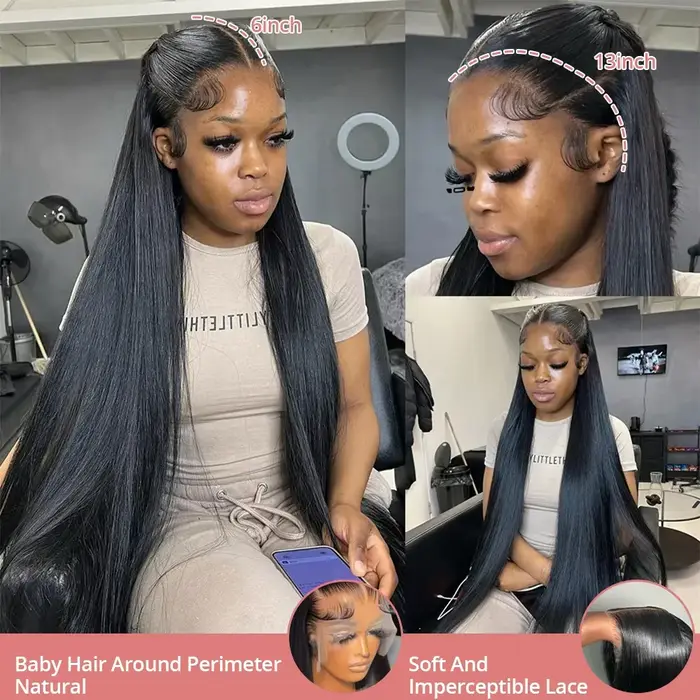 Perruques de cheveux humains brésiliens lisses et transparents de 30 à 32 pouces, densité 200, avec 