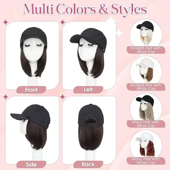 Perruque, casquette de baseball avec cheveux attachés pour femmes, perruque ajustable avec cheveux synthétiques résistants à la chaleur, 6 pouces, casquette de baseball avec cheveux