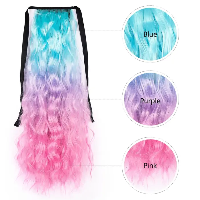 Extensions de queue de cheval colorées synthétiques bleu violet rose Ombre couleur vague d'eau