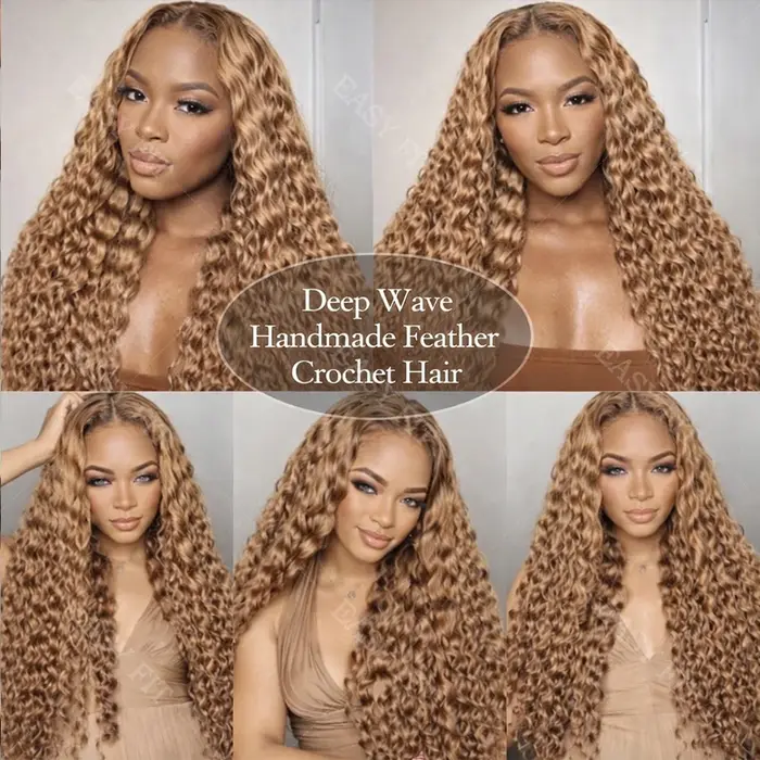 Extensions de cheveux humains pré-séparées au crochet, blond miel avec mèches, ondulations profondes